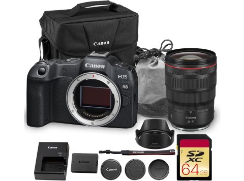 Canon EOS R8 Mirrorless Camera | 24.2MP Full Frame Sensor 4K 60p Video | Compact Lightweight Hybrid Camera for Travel and Content (3680C002) + Canon RF 24-70mm Lens + 64GB Card + Bag